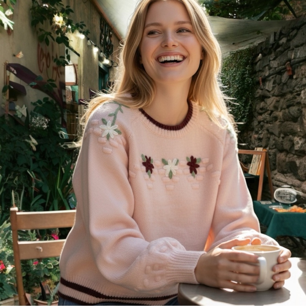 POL Light Pink Floral Accent Sweater